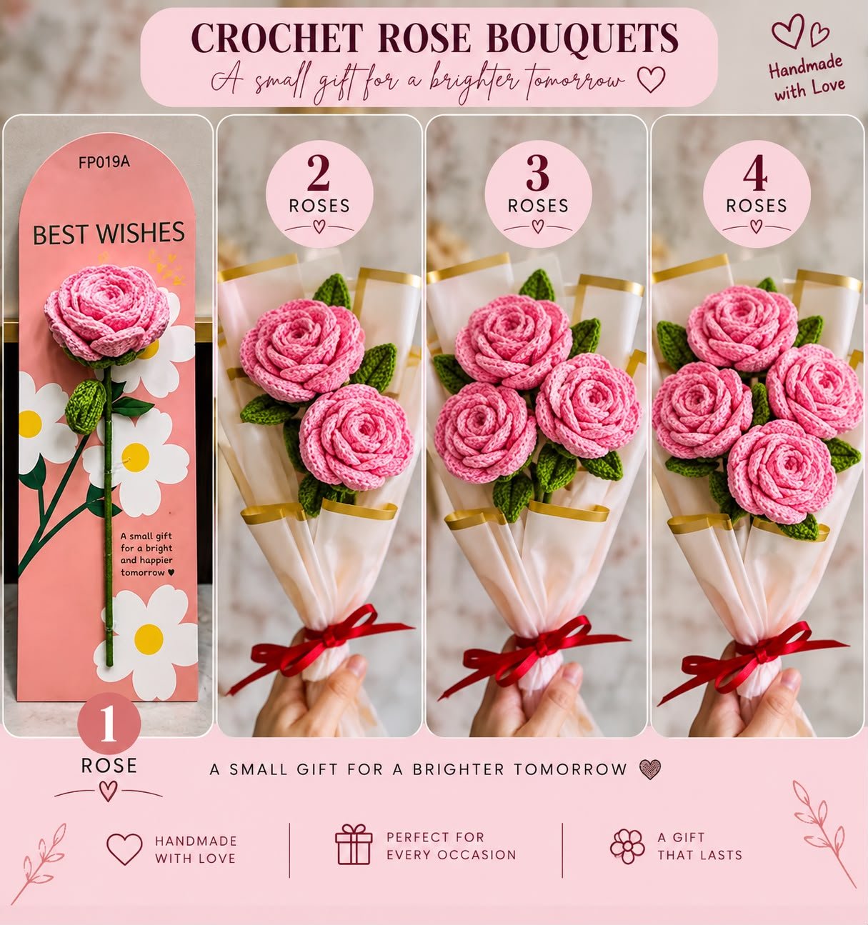 Crochet Pink Rose Bouquet